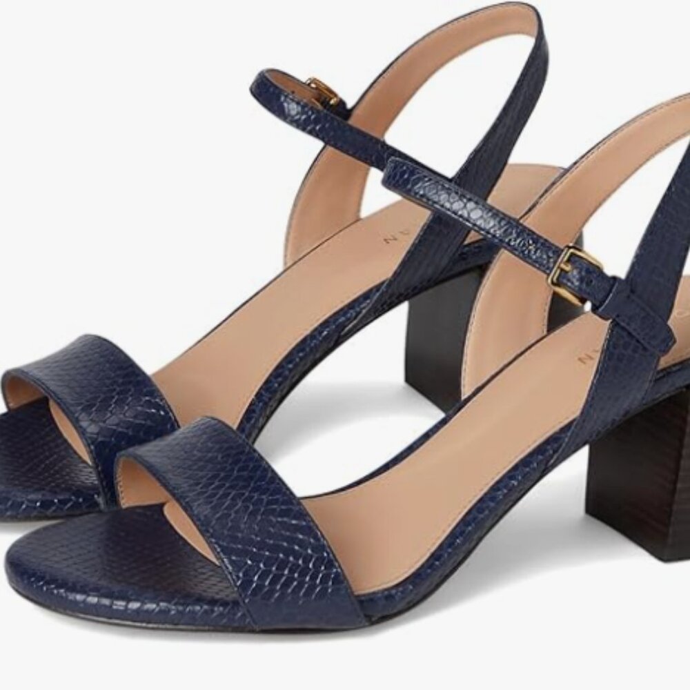 Cole Haan Women's Josie Block Heel Sandal Midnight Blue Snake Print